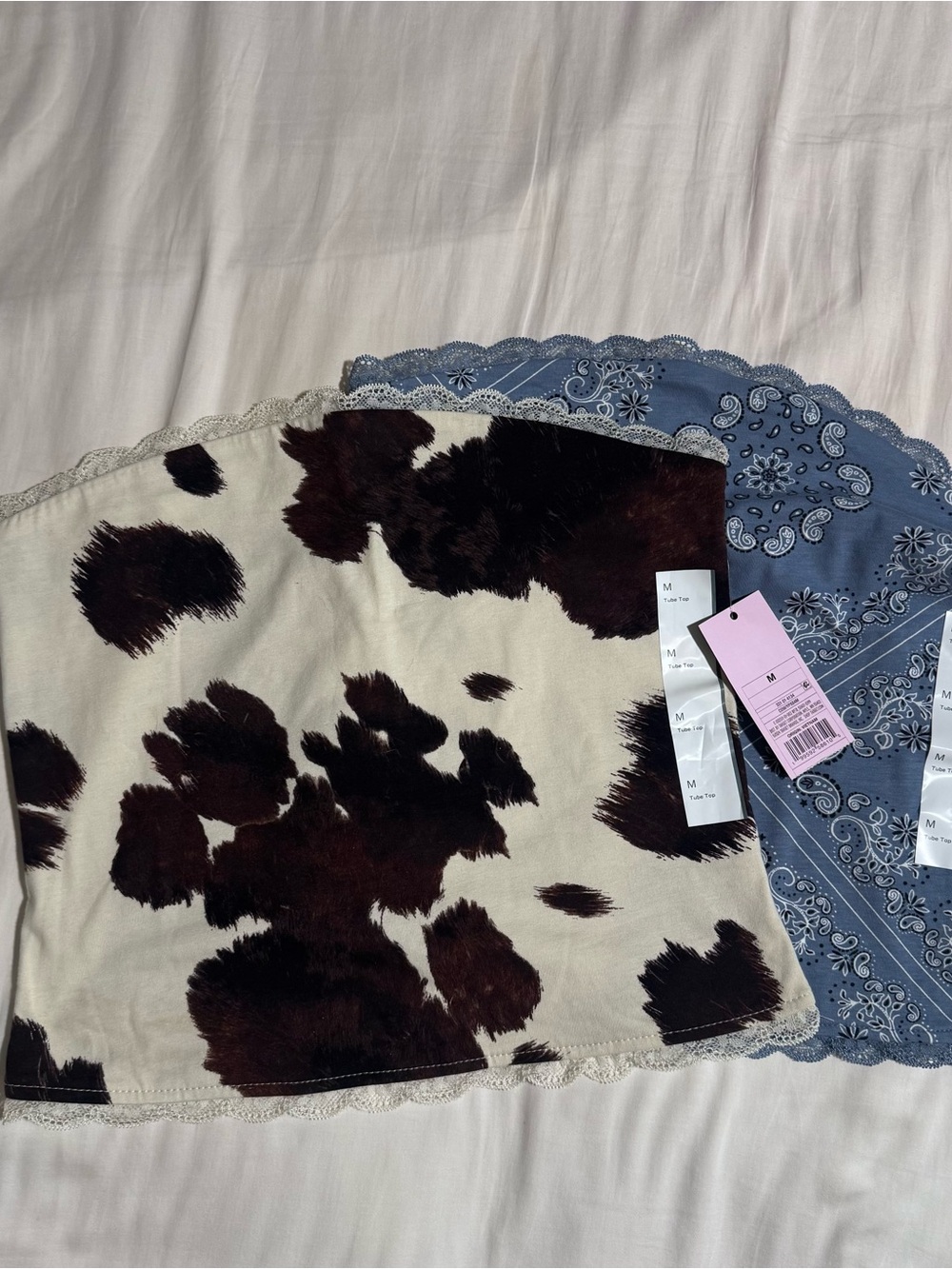 Set of two. Western themed tube tops. Cow Print & blue paisley. Size M. NWT